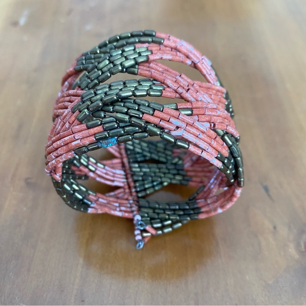 Salmon pink and bronze-gold Multicolor Seed Beaded Cuff Bracelet, 2-inches wide